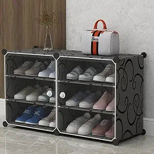 Krishyam® Shoe Rack Organizer DIY 12 Pair Tower 2 Door Portable Shoe Rack Shoe Storage Cabinet for Boots Shoes Slippers Closet Organizers and Storage (6 Shelves - 2 Door Black)