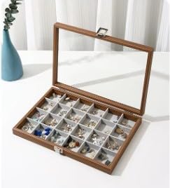 KriShyam® Wooden Jewelry Box Jewellery Case with Glass Lid, 24 Grid Jewelry Organizer with Lock for Rings, Earrings