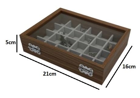 KriShyam® Wooden Jewelry Box Jewellery Case with Glass Lid, 24 Grid Jewelry Organizer with Lock for Rings, Earrings