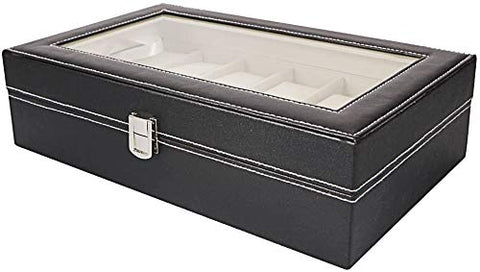 KriShyam® 12 Slots Wrist Leather Watch Storage Box for Men & Women & others Display Case Organizer with Faux Leather Finish and Glass Window with 12 Slots 30 x 20 x 8 cm