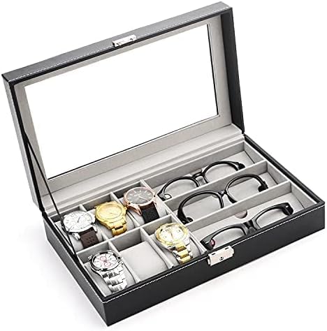 KriShyam®Watch Boxes Watch Box Glasses Storage Box Watch Storage Box PU Leather 3 Grids for Glasses 6 Grids for Watches Clear Lid Glass Top for Easy Viewing with Lock & Key, Black