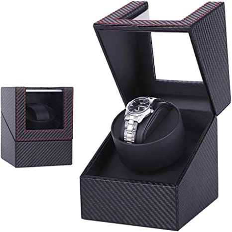 KriShyam® Single Watch Winder for Automatic Watches, Carbon Fiber Leather Automatic Watch Winder, Silent Motor, Transparent Glass Window, Double Ball Bearing Wristwatch Display Case Box