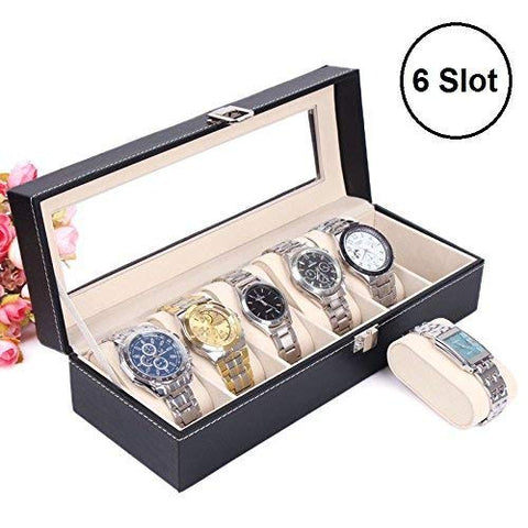 KriShyam® Wrist Watch Storage Box Display Case Organizer of Faux Leather Finish with Glass Window 6 Slot 30x8x11 cm