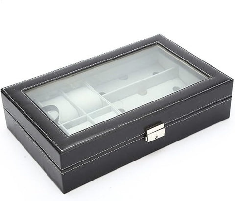 KriShyam®Watch Boxes Watch Box Glasses Storage Box Watch Storage Box PU Leather 3 Grids for Glasses 6 Grids for Watches Clear Lid Glass Top for Easy Viewing with Lock & Key, Black