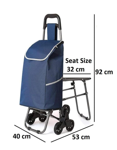 KRISHYAM Folding Shopping Trolley with Seat Shopping Cart Grocery Cart with Seat Cloth Bag and 6 Wheel Utility Shopping Cart for Easy Storage (Blue