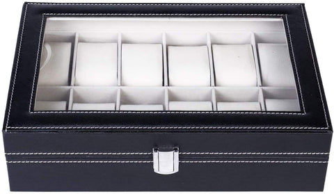 KriShyam® 12 Slots Wrist Leather Watch Storage Box for Men & Women & others Display Case Organizer with Faux Leather Finish and Glass Window with 12 Slots 30 x 20 x 8 cm