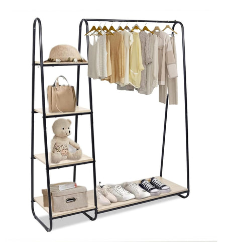 KriShyam® Metal Garment Rack with 4-Tier Wood Shelves and Hanging Rod - Freestanding Open Wardrobe Closet Clothing Storage Organizer for Bedroom, Hallway, Living Room