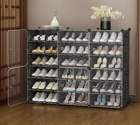 KriShyam® Portable Shoe Rack 18 Cube Shoe Storage Cabinet 36 Pair Plastic Free Standing Shoe Shelves Organizer for Closet Hallway Bedroom Entryway Modular 18 Shelves -6 Door (Black)