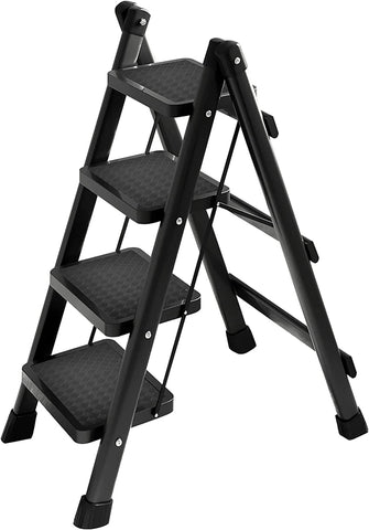 KriShyam® 4 Step Ladder Folding Step Stool with Wide Anti-Slip Pedals, Portable Folding Heavy-Duty Steel Sturdy Ladder for Home and Kitchen, Black, 150Kgs