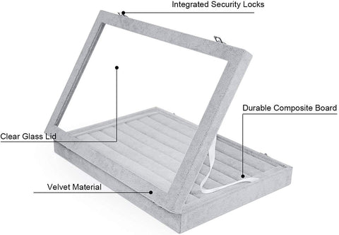 KriShyam® Fabric Glass Jewelry Ring Display Box Tray Holder Storage Box Organizer Display Storage Showcase Holder Organizer, Fabric Glass Tray Holder Storage Box Organizer (Grey)