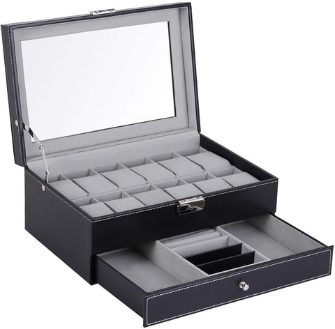 KriShyam® Men and Women Watch Box/Watch Case/Organizer/Storage box(Double Layer (12 slot watch + jewelry organizer)