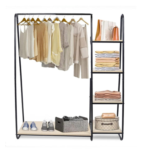 KriShyam® Metal Garment Rack with 4-Tier Wood Shelves and Hanging Rod - Freestanding Open Wardrobe Closet Clothing Storage Organizer for Bedroom, Hallway, Living Room