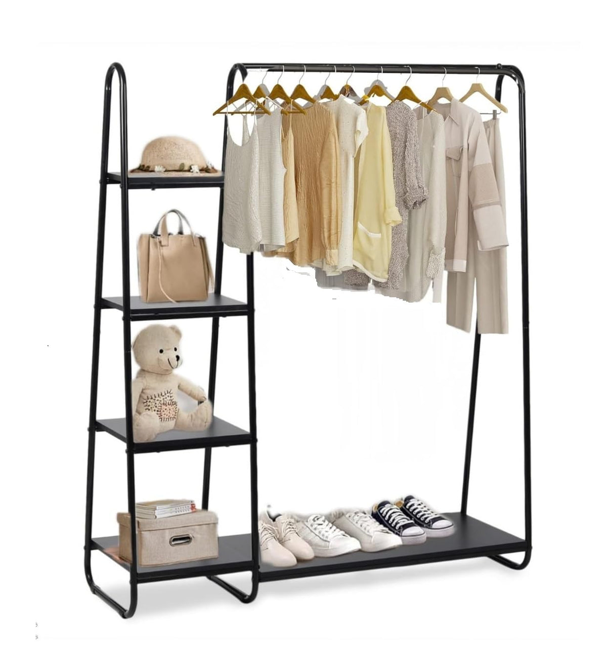 KriShyam® Metal Garment Rack with 4-Tier Wood Shelves and Hanging Rod - Freestanding Open Wardrobe Closet Clothing Storage Organizer for Bedroom, Hallway, Living Room