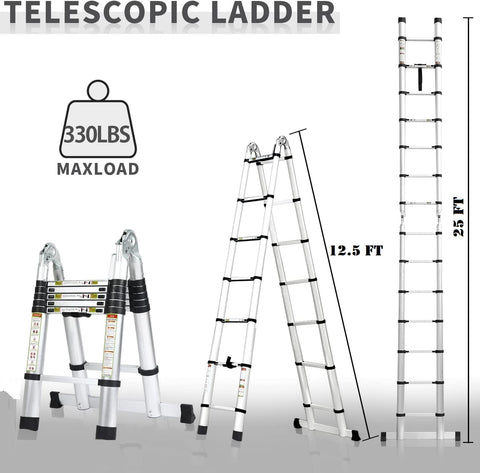 KRISHYAM® 1.9M+1.9M/3.8M/12.5FT Aluminum Telescoping Extension Ladder, A-Frame Telescopic Ladder Portable Folding Ladder for Outdoor&Household Working with Anti-Slip Support Bar