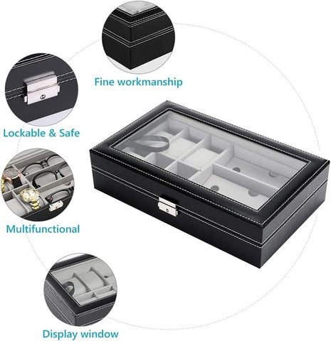 KriShyam®Watch Boxes Watch Box Glasses Storage Box Watch Storage Box PU Leather 3 Grids for Glasses 6 Grids for Watches Clear Lid Glass Top for Easy Viewing with Lock & Key, Black