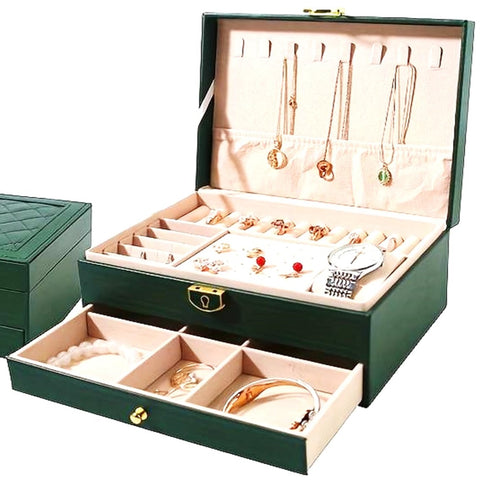 KriShyam® Jewelry Boxes for Women, 2-Layer Jewelry Box, Lockable Waterproof Leather Jewelry Box, for Rings Bracelets Earrings Necklaces Gifts Watches (Green)