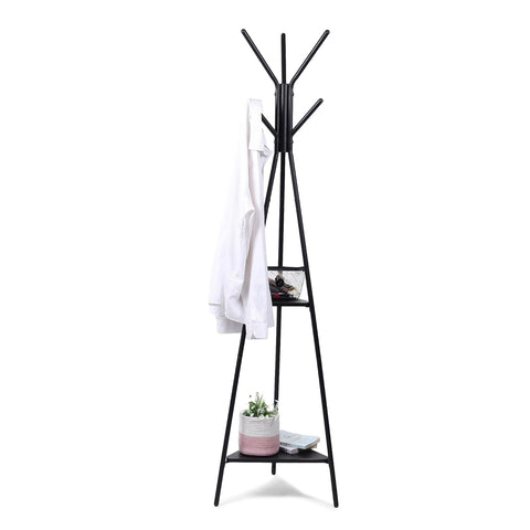 KriShyam® Coat Rack - Freestanding Coat Stand, Coat Hanger Stand, Hall Tree with 6 Hooks and 2-Tier Shelves for Jacket, Clothes, Hat, Bag, Scarf, Umbrella