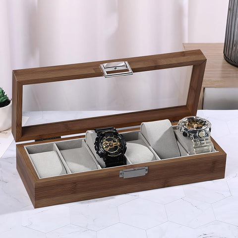 KriShyam® 6 Slot Watch Box for Men and Women Wooden Watch Case Display Organizer with Glass Top Metal Buckle Grey Lining