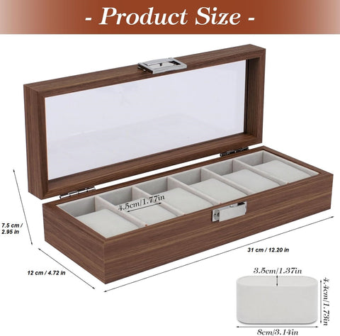 KriShyam® 6 Slot Watch Box for Men and Women Wooden Watch Case Display Organizer with Glass Top Metal Buckle Grey Lining