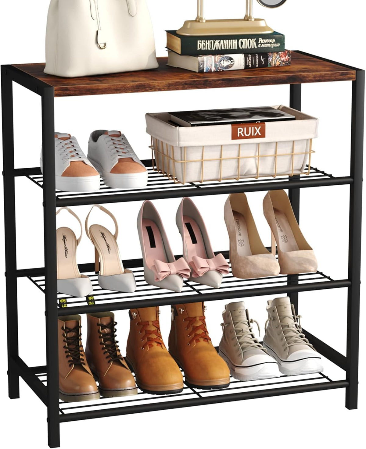 KriShyam® Shoe Rack,4 Tier Shoe Organizer Storage for Closet Entryway (4 Shelves Metal + Wooden TOP)