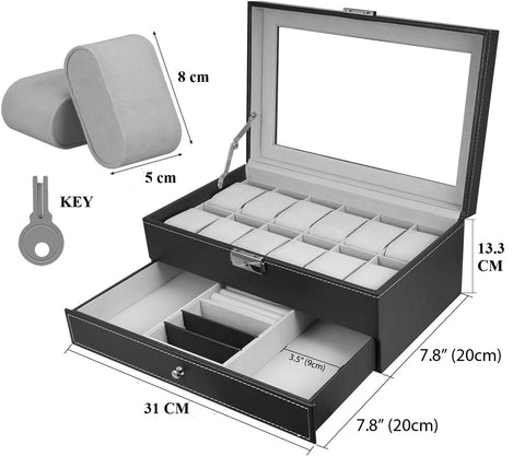 KriShyam® Men and Women Watch Box/Watch Case/Organizer/Storage box(Double Layer (12 slot watch + jewelry organizer)