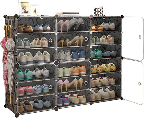 KriShyam® Portable Shoe Rack 18 Cube Shoe Storage Cabinet 36 Pair Plastic Free Standing Shoe Shelves Organizer for Closet Hallway Bedroom Entryway Modular 18 Shelves -6 Door (Black)