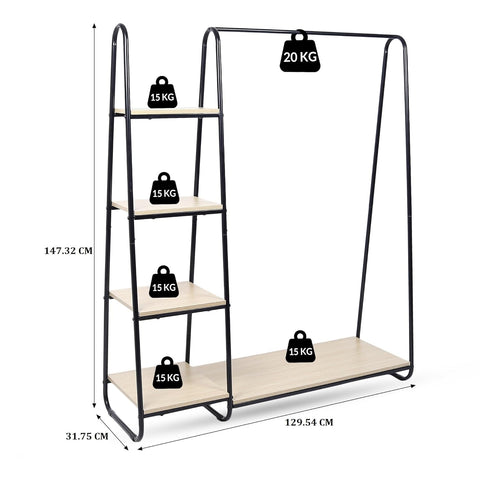 KriShyam® Metal Garment Rack with 4-Tier Wood Shelves and Hanging Rod - Freestanding Open Wardrobe Closet Clothing Storage Organizer for Bedroom, Hallway, Living Room