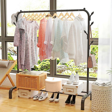 KriShyam® Freestanding Hanging Metal Clothes Rack with Storage Shelf and Side Hooks