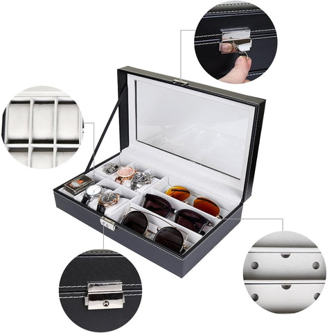 KriShyam®Watch Boxes Watch Box Glasses Storage Box Watch Storage Box PU Leather 3 Grids for Glasses 6 Grids for Watches Clear Lid Glass Top for Easy Viewing with Lock & Key, Black