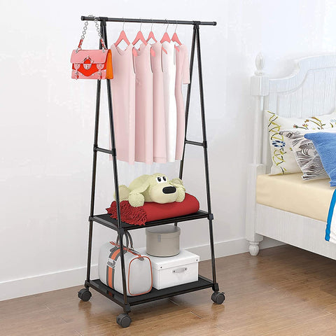 KriShyam ®  Dual Layer Cloth Rack | Single Hanging Rod with Wheels for Multi Purpose