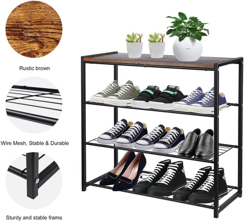 KriShyam® Shoe Rack,4 Tier Shoe Organizer Storage for Closet Entryway (4 Shelves Metal + Wooden TOP)