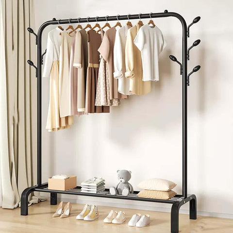 KriShyam® Freestanding Hanging Metal Clothes Rack with Storage Shelf and Side Hooks