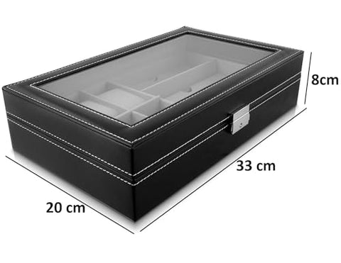 KriShyam®Watch Boxes Watch Box Glasses Storage Box Watch Storage Box PU Leather 3 Grids for Glasses 6 Grids for Watches Clear Lid Glass Top for Easy Viewing with Lock & Key, Black