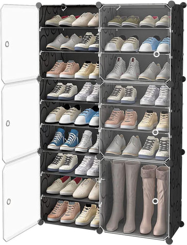 KriShyam® Portable Shoe Rack 18 Cube Shoe Storage Cabinet 36 Pair Plastic Free Standing Shoe Shelves Organizer for Closet Hallway Bedroom Entryway Modular 18 Shelves -6 Door (Black)