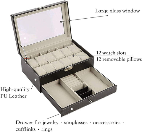 KriShyam® Men and Women Watch Box/Watch Case/Organizer/Storage box(Double Layer (12 slot watch + jewelry organizer)