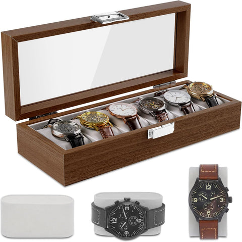 KriShyam® 6 Slot Watch Box for Men and Women Wooden Watch Case Display Organizer with Glass Top Metal Buckle Grey Lining