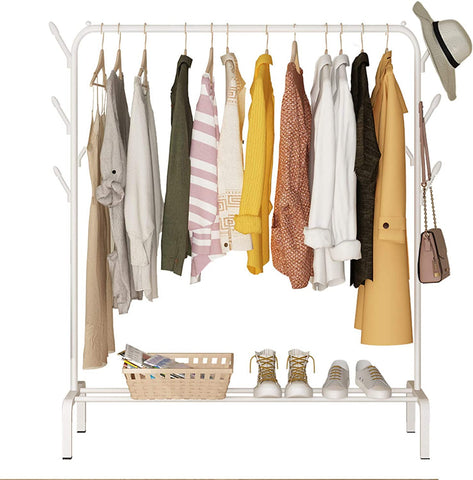 KriShyam® Freestanding Hanging Metal Clothes Rack with Storage Shelf and Side Hooks