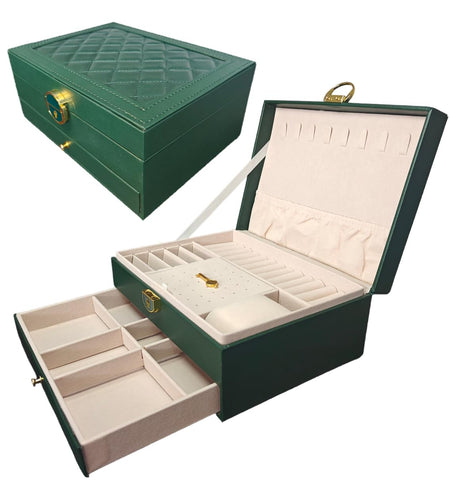 KriShyam® Jewelry Boxes for Women, 2-Layer Jewelry Box, Lockable Waterproof Leather Jewelry Box, for Rings Bracelets Earrings Necklaces Gifts Watches (Green)