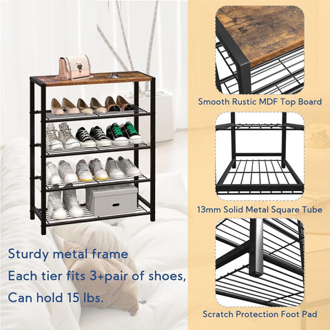 KriShyam® Shoe Rack,5 Tier Shoe Organizer Storage for Closet Entryway (5 Shelves Metal + Wooden TOP)