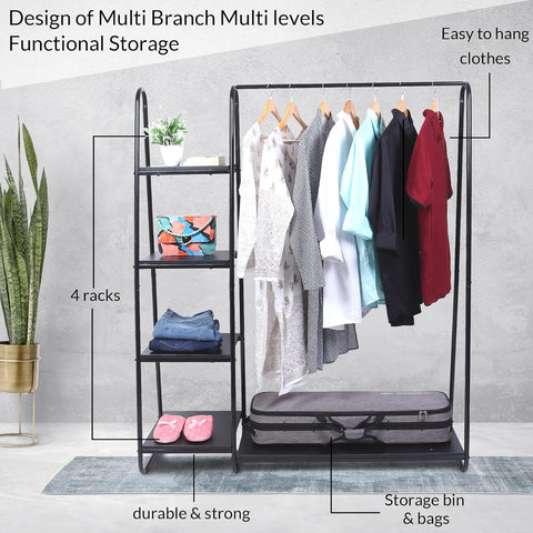 KriShyam® Metal Garment Rack with 4-Tier Wood Shelves and Hanging Rod - Freestanding Open Wardrobe Closet Clothing Storage Organizer for Bedroom, Hallway, Living Room