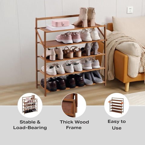 Krishyam® 5-Tier Free Standing Shoe Racks, Stackable Bamboo Wood Shoe Rack Durable Shoe Shelf Holder, Functional Sturdy Shoe Organizer (5 FOLDING SHELVES BAMBOO)