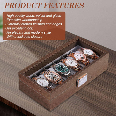 KriShyam® 6 Slot Watch Box for Men and Women Wooden Watch Case Display Organizer with Glass Top Metal Buckle Grey Lining