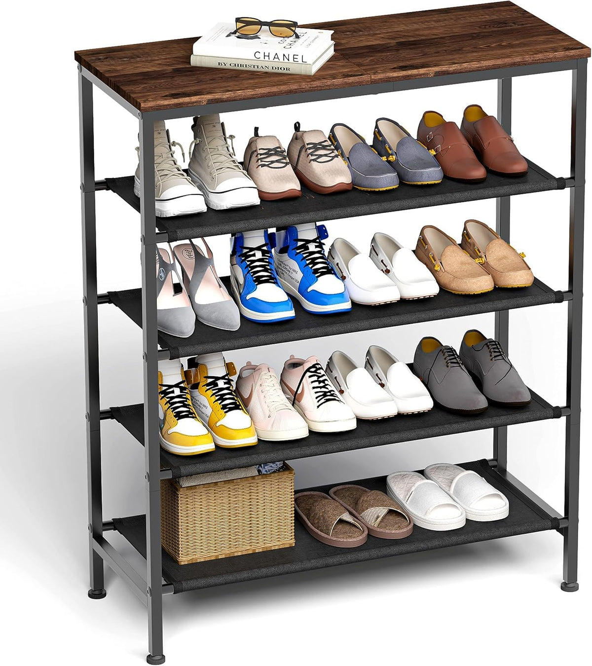 Krishyam® Shoe Rack,5 Tier Shoe Organizer Storage for Closet Entryway, (5 Shelves Fabric + Wooden TOP)