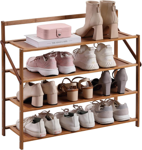 Krishyam® 4-Tier Free Standing Shoe Racks, Stackable Bamboo Wood Shoe Rack Durable Shoe Shelf Holder, Functional Sturdy Shoe Organizer (4 Folding Shelves Bamboo)