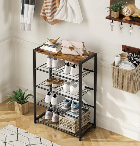 KriShyam® Shoe Rack,5 Tier Shoe Organizer Storage for Closet Entryway (5 Shelves Metal + Wooden TOP)