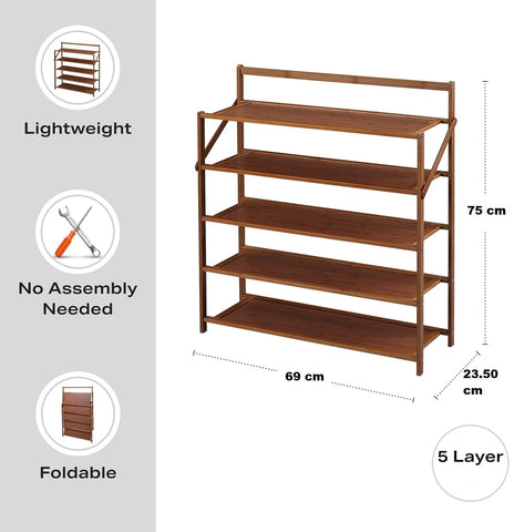 Krishyam® 5-Tier Free Standing Shoe Racks, Stackable Bamboo Wood Shoe Rack Durable Shoe Shelf Holder, Functional Sturdy Shoe Organizer (5 FOLDING SHELVES BAMBOO)