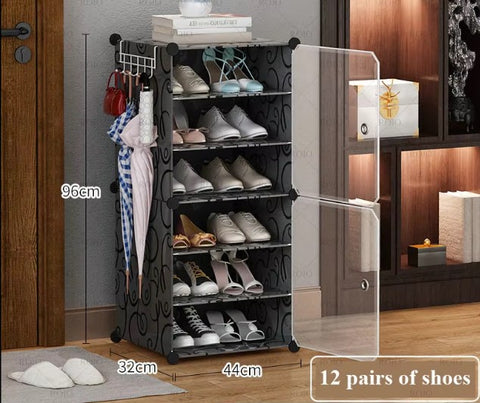 Krishyam® Shoe Rack Organizer DIY 12 Pair Tower 2 Door Portable Shoe Rack Shoe Storage Cabinet for Boots Shoes Slippers Closet Organizers and Storage (6 Shelves - 2 Door Black)