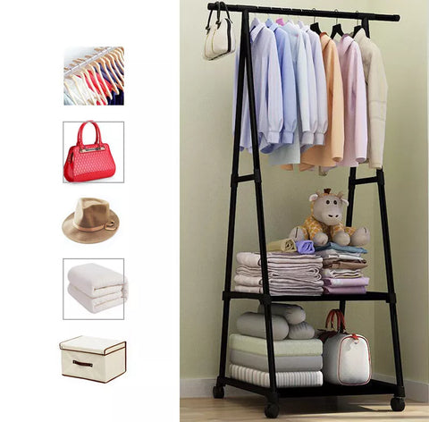 KriShyam ®  Dual Layer Cloth Rack | Single Hanging Rod with Wheels for Multi Purpose